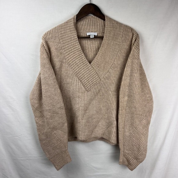 Topshop Sweaters - TopShop Women’s Beige Knit V Neck Sweater Balloon Sleeves Size 12